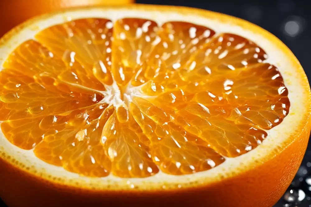 Ein detailliertes Nahaufnahme-Bild der Textur von Orangenschale, um Cellulite visuell darzustellen, aufgenommen bei natürlichem Licht mit Fokus auf der Textur, Fotografie in hoher Auflösung.