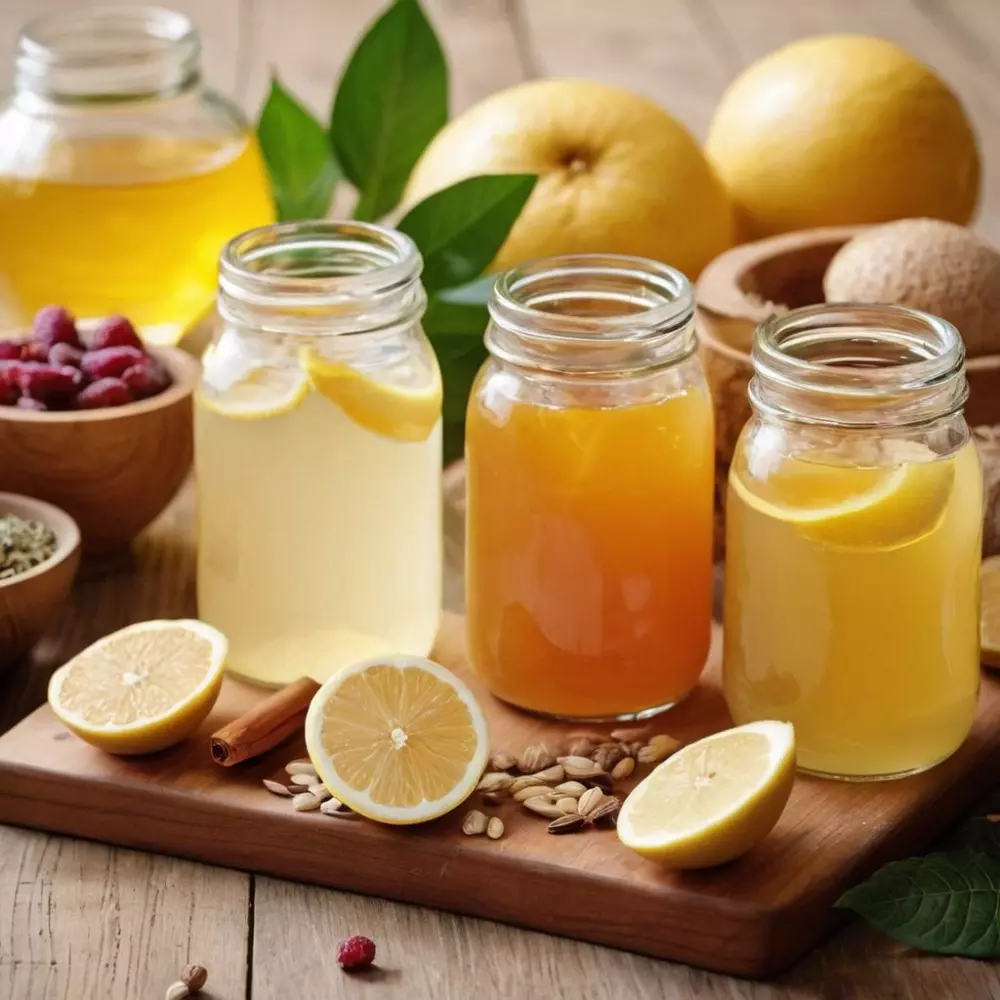 Verschiedene natürliche Hausmittel gegen Cellulite werden elegant auf einem Holztisch präsentiert, drinnen, fotografisch festgehalten, in hoher Auflösung mit weichem Fokus und natürlichem Licht.