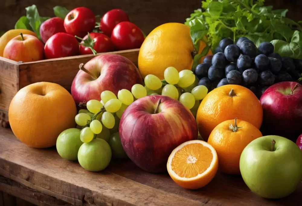 Variedad de frutas y verduras frescas en una mesa de madera, exhibición vibrante y colorida, ilustración fotográfica digital con alta resolución y iluminación natural.