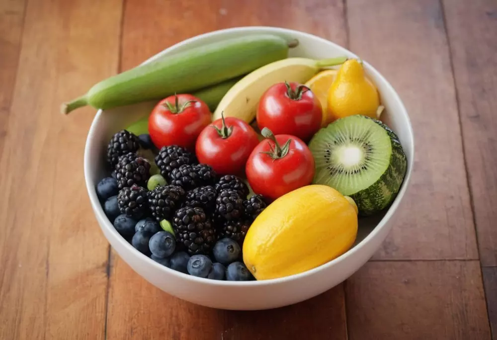 Eine Schüssel mit gemischten frischen Früchten und Gemüse, lebendige Farben, auf einem Holztisch platziert, die eine gesunde Ernährung für schlanke Beine nahelegen, im weichen natürlichen Tageslicht, Fotografie mit einem kurzen Teleobjektiv für detaillierte Textur des Essens.