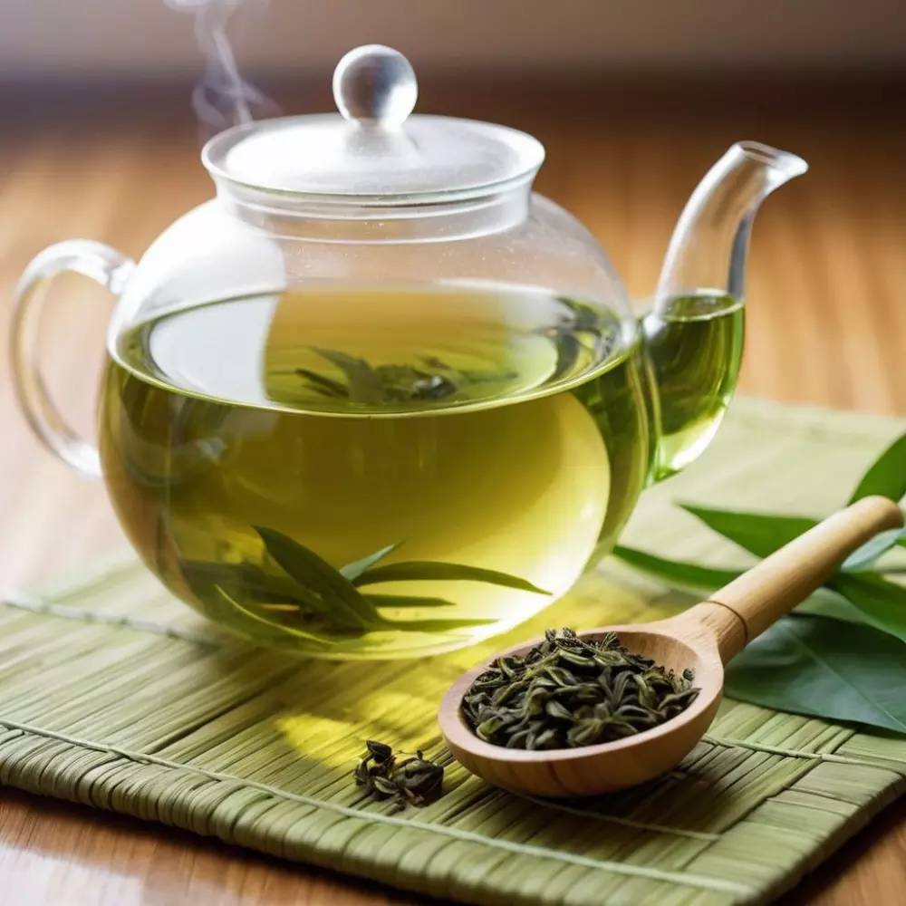 Una tetera de cristal transparente con té verde, rodeada de hojas sueltas de té verde y una pequeña cuchara de bambú, colocada sobre una tranquila esterilla de bambú con una suave iluminación natural, Fotografía con un enfoque en el vibrante color verde y la textura de las hojas de té.