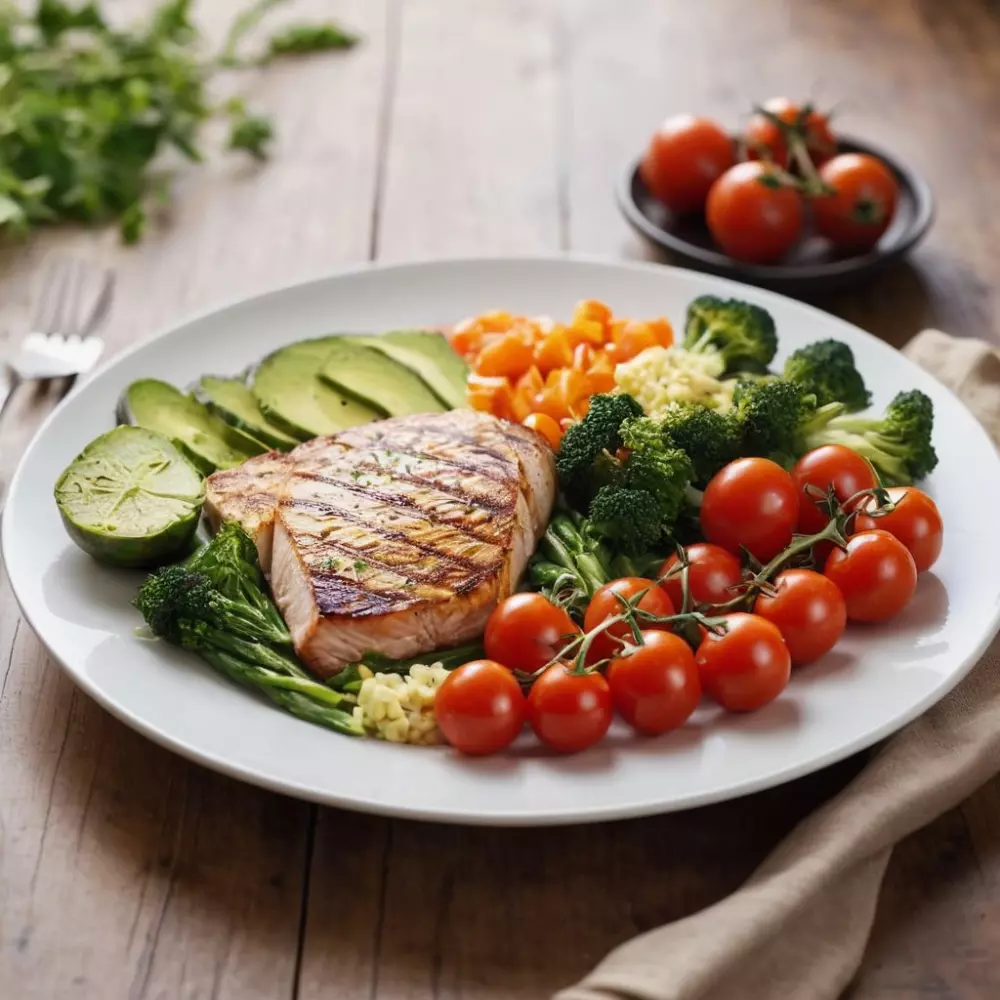 Gesunde ausgewogene Mahlzeit auf einem Teller, Schwerpunkt auf frischem Gemüse und magerem Eiweiß, sauberes und einfaches Setup, helles Tageslicht, fotografiert in hoher Auflösung mit einer DSLR-Kamera.