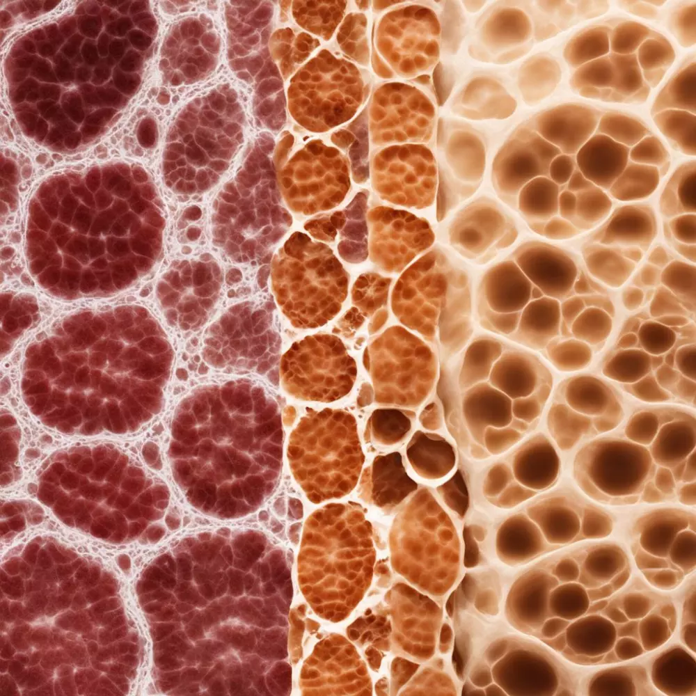 Gráfico visual que diferencia los tipos de celulitis en la piel humana, cada tipo marcado y mostrado con detalle claro, bajo iluminación natural, estilo fotográfico utilizando una cámara de alta resolución.