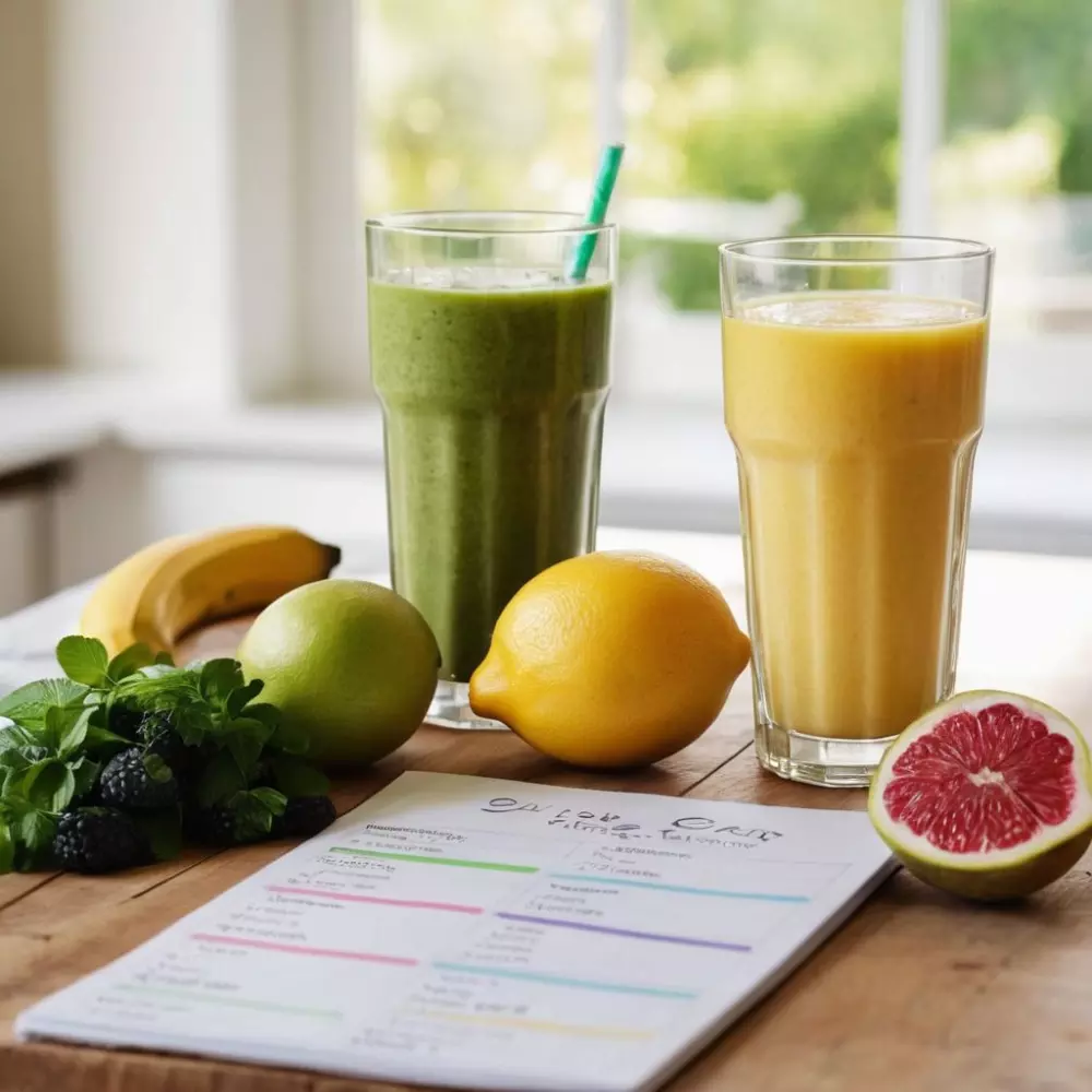 Eine Nahaufnahme eines Diätplaners mit markierten Daten und Mahlzeitenplänen, auf einem Holztisch mit einem gesunden Smoothie auf der Seite, in einer sonnigen Kücheneinstellung, fotografiert mit einem Makroobjektiv und natürlichem Sonnenlicht.