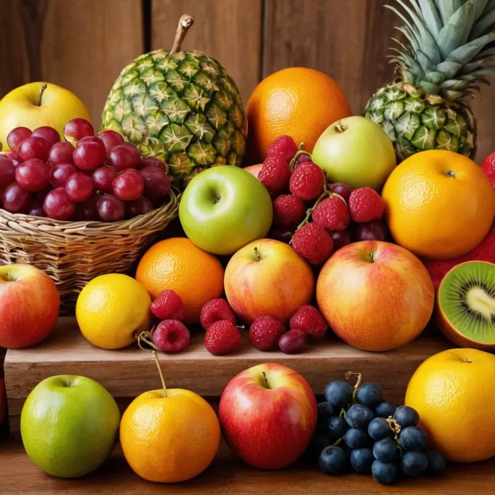 Una colorida variedad de frutas frescas exhibidas en un entorno brillante y natural, sobre una mesa de madera, creando un ambiente alegre y saludable. Fotografía con lente gran angular para resaltar la variedad y los colores vibrantes de la fruta.