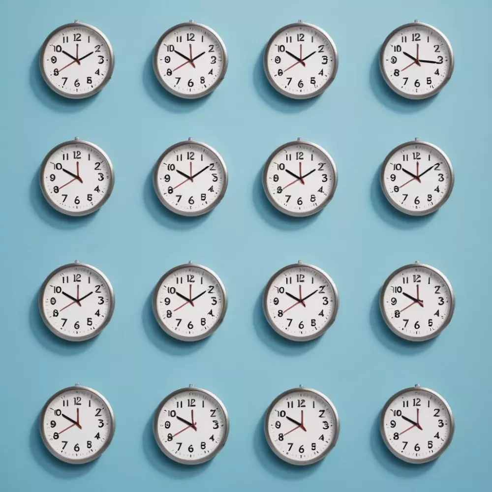 Eine digitale Illustration von verschiedenen Uhren, die verschiedene Zeiten anzeigen, symbolisiert intermittierendes Fastenpläne, gegen einen sanften blauen Hintergrund, die Illustration im einfachen und sauberen Stil, Digitale Illustration, flache digitale Illustration mit sanften Schatten und Lichtern.