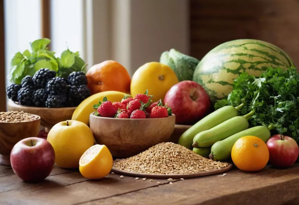 Frische Früchte, Gemüse und Getreide auf einem Holztisch ausgelegt, symbolisieren eine gesunde Ernährungsumstellung. Fotografiert im natürlichen Tageslicht mit Fokus auf lebendige Farben. Fotografie mit einer 35mm Linse, die die Textur und natürlichen Farben der Lebensmittel einfängt.