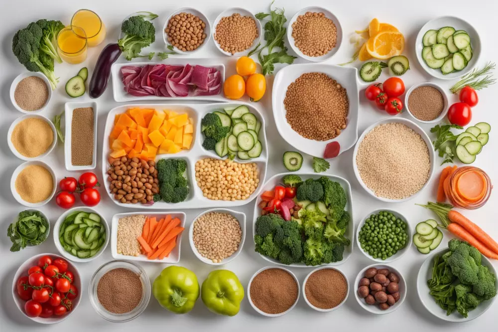 Balanced diet, a colorful plate divided into portions for vegetables, proteins, and grains, clean white background, symbolizing nutritional balance, Photographic, Photography with a Nikon D850, macro lens, studio lighting.