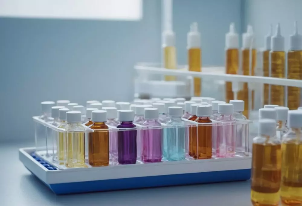 Variedad de viales y jeringas de mesoterapia dispuestas ordenadamente en una bandeja estéril, iluminación brillante que enfatiza la claridad y esterilidad, estilo fotográfico, imagen de alta resolución que muestra detalles de las sustancias de mesoterapia.