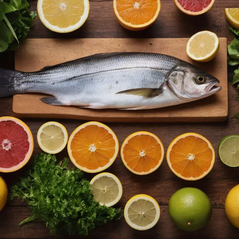 Eine lebendige Darstellung verschiedener Lebensmittel, die bekannt sind, um das Bindegewebe zu stärken, wie Zitrusfrüchte, grünes Blattgemüse und Fisch, ordentlich auf einer hölzernen Oberfläche angeordnet, im natürlichen Licht, fotografiert, mit einem detaillierten Fokus, um die Frische und Farben der Lebensmittel zu betonen.
