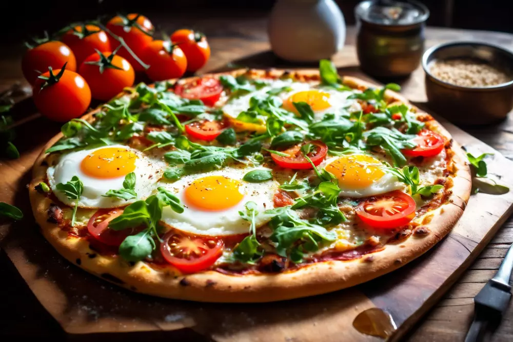 Eine gesunde Frühstückspizza mit Tomaten, Rucola und Eiern, auf einem rustikalen Holzbrett, in einer hellen Morgenkulisse, die einen gesunden Start in den Tag vermittelt. Fotografisch festgehalten mit einer Aufnahme von oben und dem Morgenlicht.