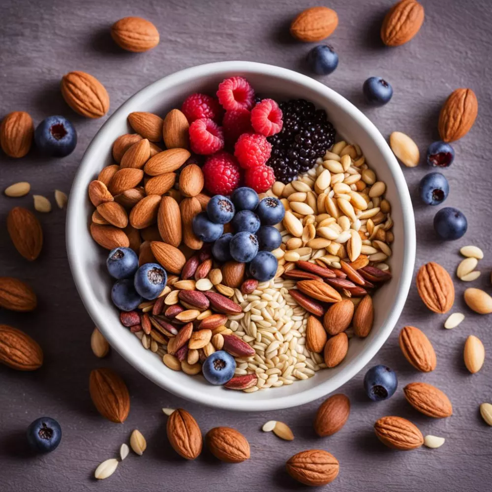 Nahaufnahme einer Schüssel, gefüllt mit nahrhaften Lebensmitteln wie Nüssen, Samen und Beeren, in einer gut beleuchteten Umgebung, fotografischer Stil, aufgenommen mit einem Makroobjektiv und betont detaillierter Textur.