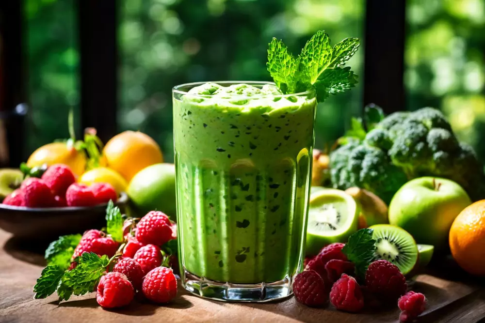 Ein lebendiger grüner Gesundheits-Shake in einem klaren Glas, umgeben von frischem Obst und Gemüse, auf einer Holzoberfläche im Tageslicht.