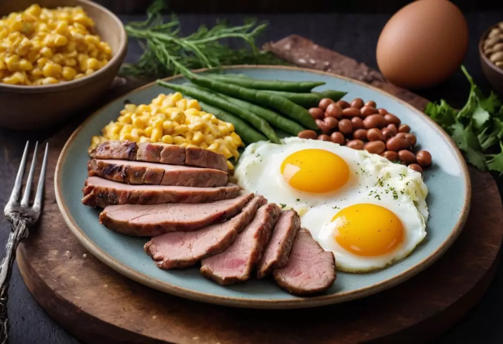Hochprotein-Platte mit Fleisch, Eiern und Hülsenfrüchten, Nahaufnahme, natürliches Licht, fotografischer Stil, der die Textur der Mahlzeit zeigt.