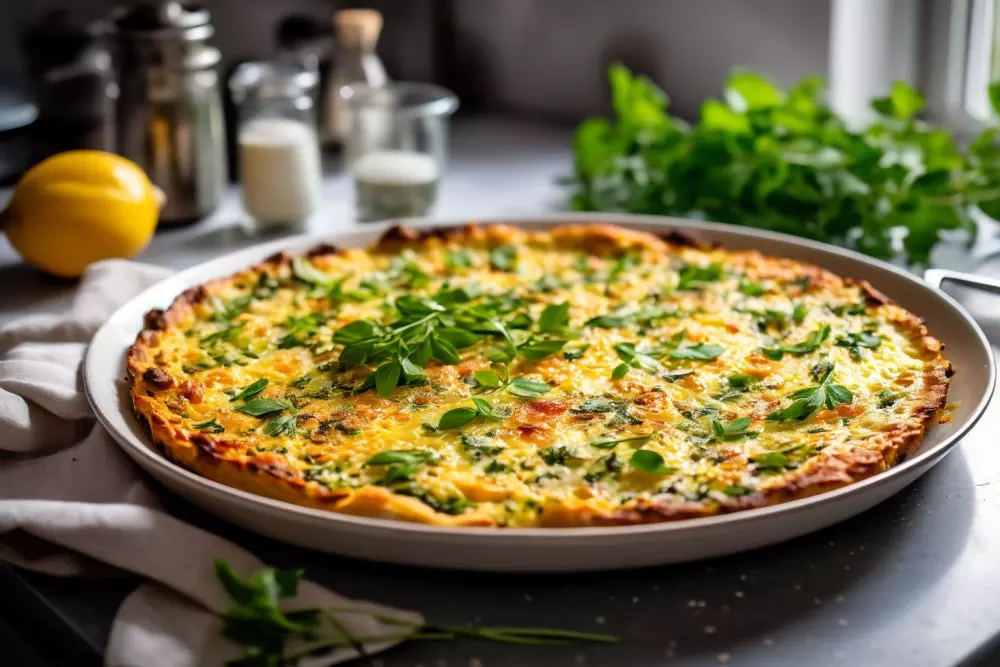 Eine flauschige, goldbraune Low-Carb-Frittata auf einem Keramikteller, garniert mit Kräutern, auf einer hellen Marmorarbeitsplatte in einer hellen, luftigen Küche, die Gesundheit und Geschmack betont. Fotografisch, Fotografie mit natürlichem Licht und einem Nahaufnahme-Objektiv.