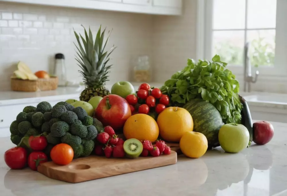 Una colección de frutas y verduras conocidas por ayudar con la celulitis, dispuestas estéticamente en una brillante encimera de cocina, fotografiadas con iluminación natural utilizando un objetivo de enfoque nítido para resaltar los colores frescos de los productos.