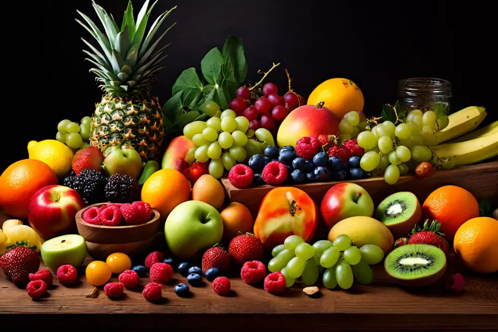 Una colorida variedad de frutas y verduras dispuestas en una mesa de madera, simbolizando una dieta saludable para combatir la celulitis, capturada con luz brillante y natural, fotografiada con un lente de ángulo amplio.