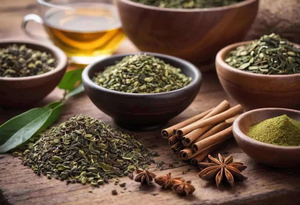 Primer plano de varios ingredientes naturales como té verde, cafeína y especias, dispuestos ordenadamente sobre una superficie de madera rústica, entorno de luz natural, fotografía con lente macro, luz natural.