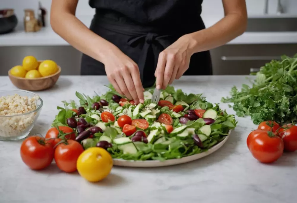 Hände bereiten in einer hellen Küche einen gesunden Salat mit frischen Zutaten zu, wobei Einfachheit und Gesundheit betont werden. Fotografie mit einer mittleren Einstellung im natürlichen Licht, die die Frische der Lebensmittel zeigt.