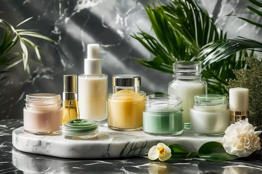 Varias cremas y cosméticos anticelulíticos dispuestos de forma ordenada sobre una superficie de mármol, en un entorno elegante y limpio. Fotografía tomada con una lente de gran angular bajo iluminación de estudio para lograr un aspecto profesional y atractivo.