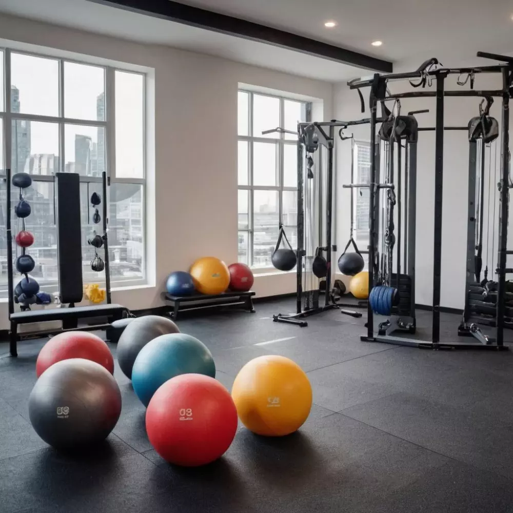 Sortiment an Bauchtrainingsgeräten wie Medizinbällen, Widerstandsbändern und Gewichten, ordentlich angeordnet in einem modernen Fitnessstudio, helles und sauberes Umfeld, fotografisches, hochauflösendes Bild.