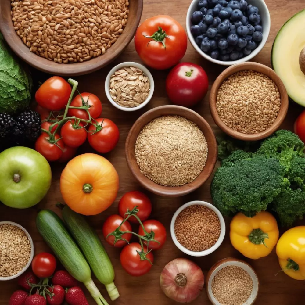 Eine bunte Auswahl an gesunden Lebensmitteln, darunter Gemüse, Obst und Vollkornprodukte, ordentlich auf einem Holztisch arrangiert, fotografiert bei hellem Tageslicht mit einem Makroobjektiv, um Texturen und Farben lebendig einzufangen.