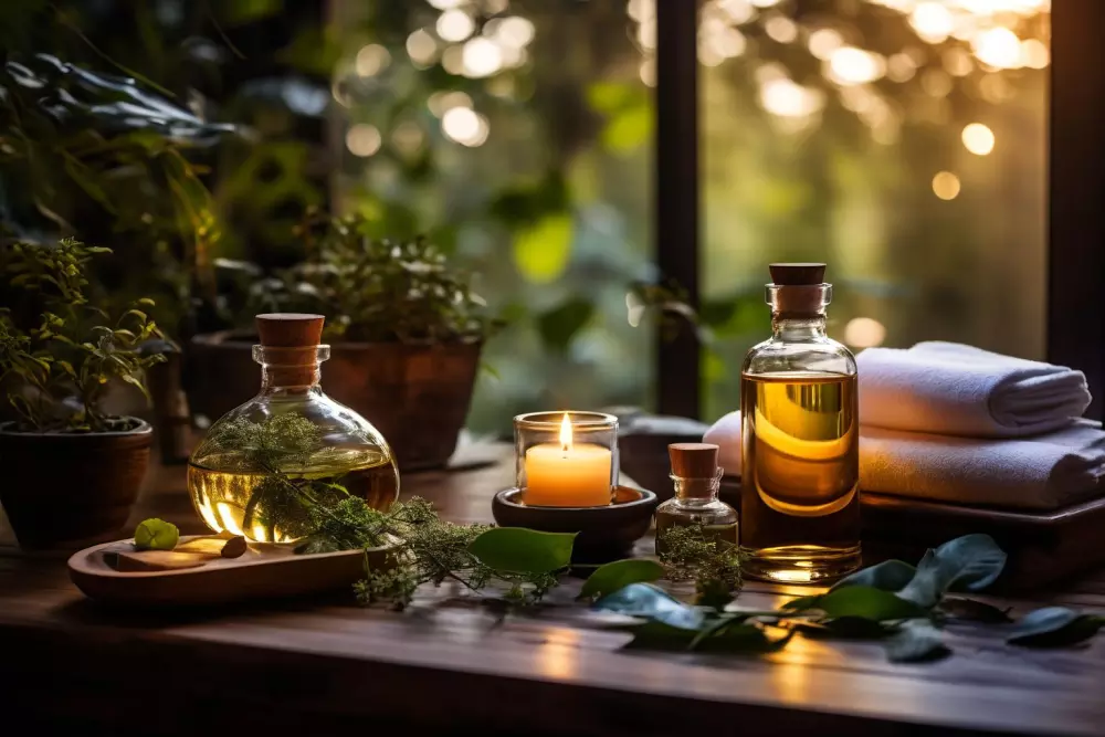 Eine ruhige Spa-Umgebung mit ätherischen Ölen und entspannter Atmosphäre, die einen Ort für die Behandlung von Cellulite darstellt, mit sanfter Umgebungsbeleuchtung, Fotografie in einer friedlichen Umgebung.