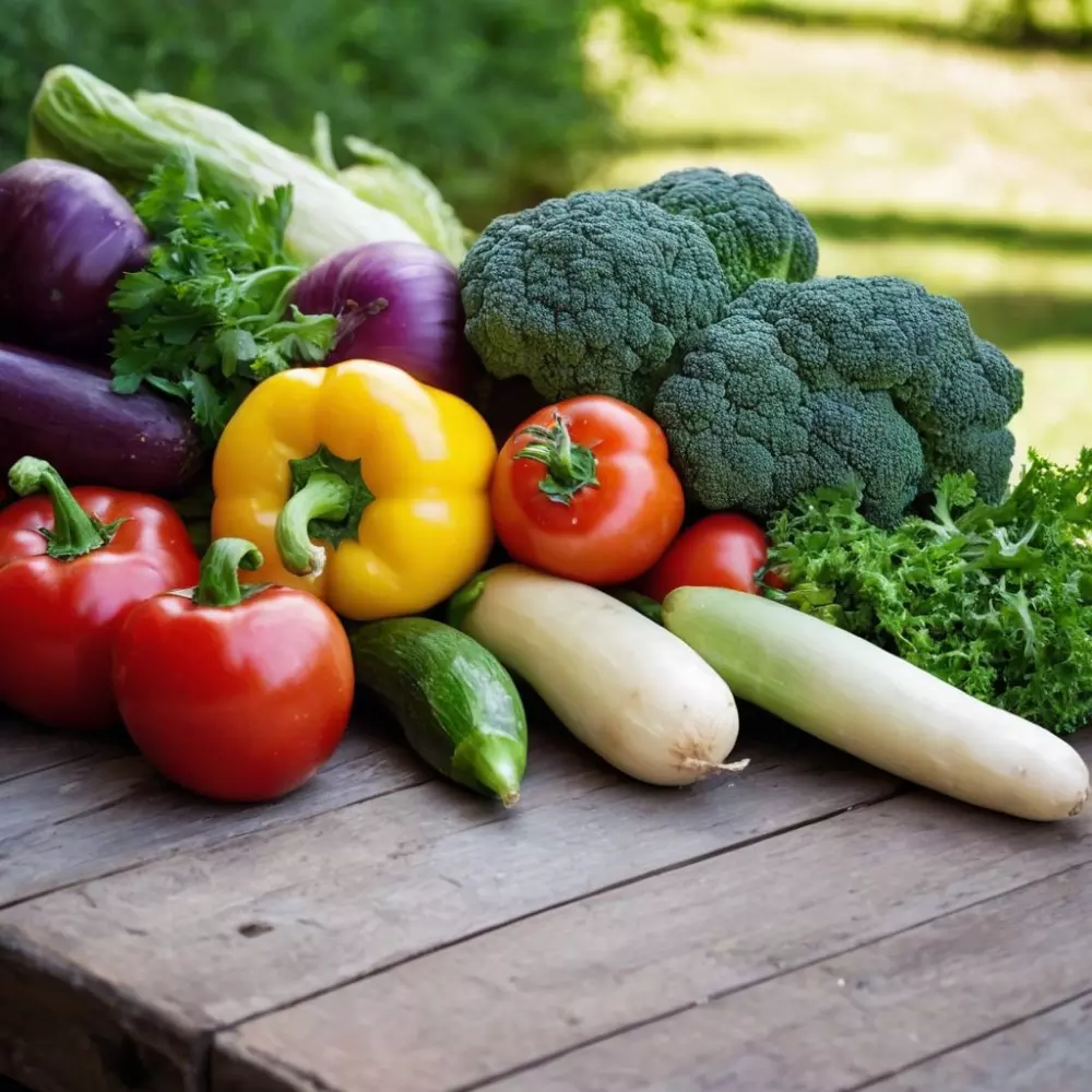 Una vibrante exhibición de diversas verduras frescas en una mesa de madera rústica, al aire libre con luz natural, un ambiente fresco y natural, Fotografía, Fotografía con una lente de 35 mm capturando los ricos colores y texturas de las verduras.