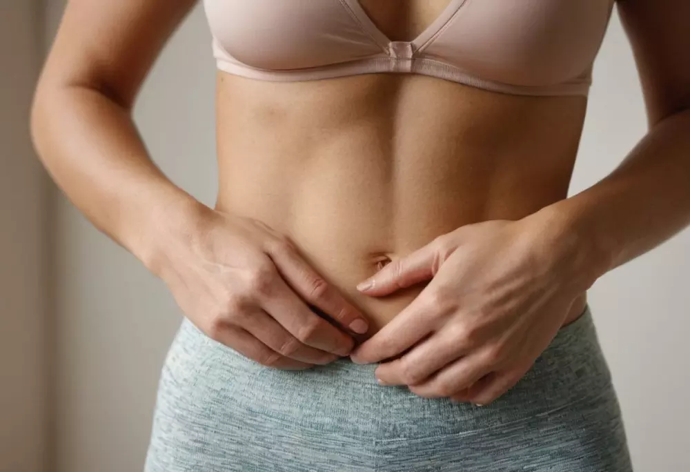 Nahaufnahme des Bauchbereichs einer Person, die bequeme Kleidung trägt, mit einem dezenten Fitness-Aussehen, im weichen natürlichen Licht, fotografiert mit einem Makroobjektiv für detaillierte Texturen.