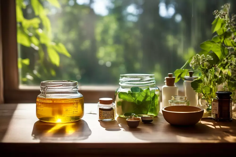 Remedios homeopáticos en una mesa de madera con una balanza digital al lado, en una habitación luminosa con luz filtrándose a través de cortinas vaporosas. Fotografía capturada en un plano medio con una lente de 50 mm y una luz suave para enfatizar el enfoque clínico pero natural de la homeopatía.