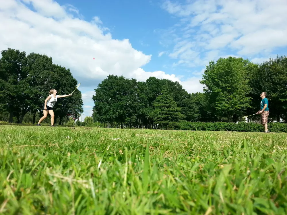 Ein paar Leute, die im Gras sind