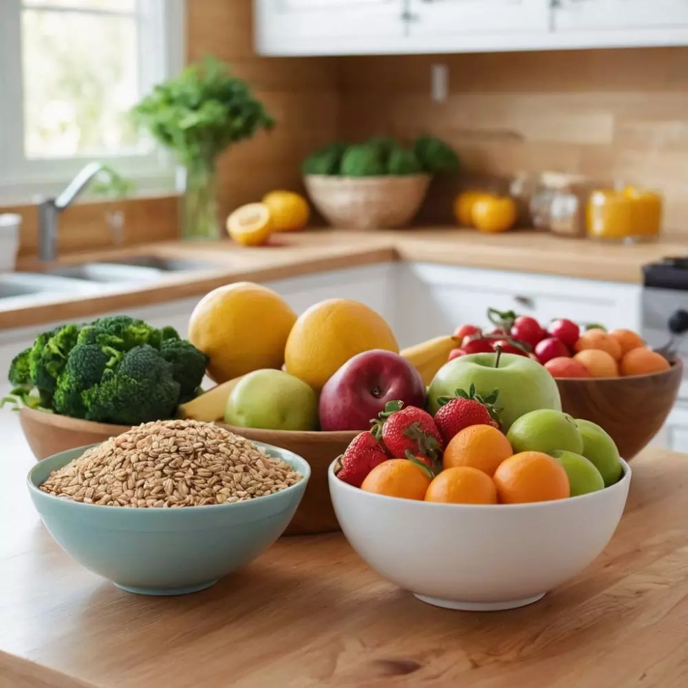 Healthy meals excluding refined carbs, detailed display of fruits, vegetables, and grains, in a bright kitchen setting, portraying a healthy lifestyle choice, Photographic, High-resolution photography with vivid colors and natural light.