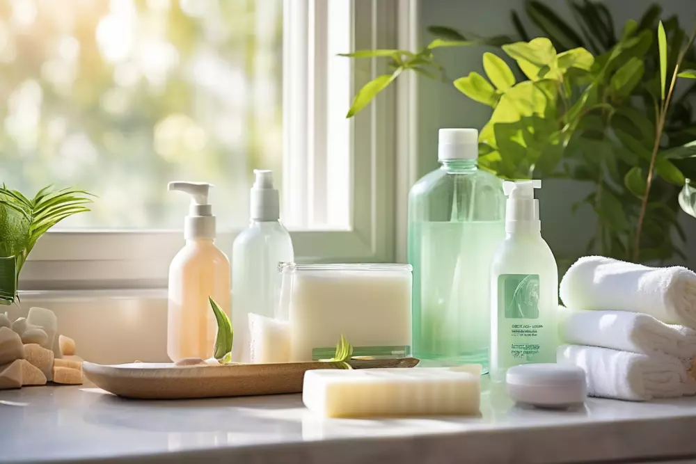 Personal hygiene products on a bathroom counter, a collection of gentle hygiene products like soap and towels arranged neatly, promoting post-surgery care, Photographic, Close-up with clear details.
