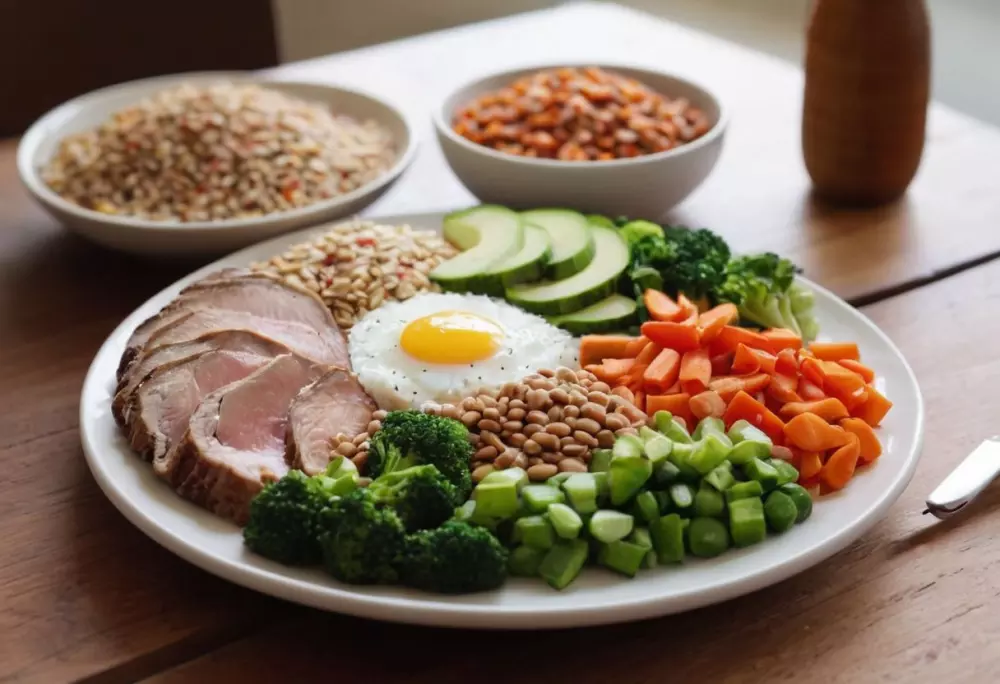 Ein ordentlich arrangierter Teller mit ausgewogenen Portionen von Proteinen, Gemüse und Getreide, bunt und appetitlich, auf einem hölzernen Esstisch, sanftes natürliches Licht, fotografischer Stil, Nahaufnahme mit einem Makroobjektiv.