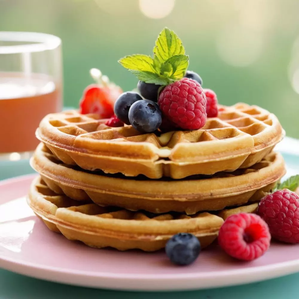 Ein Stapel goldener, zuckerfreier Waffeln, garniert mit frischen Beeren und Minze, auf einem Pastellteller, in einer fröhlichen Morgenkulisse mit sanftem Sonnenlicht, betont die schuldfreie Genusserfahrung. Fotografisch, mit Nahaufnahme und natürlichem Morgenlicht.