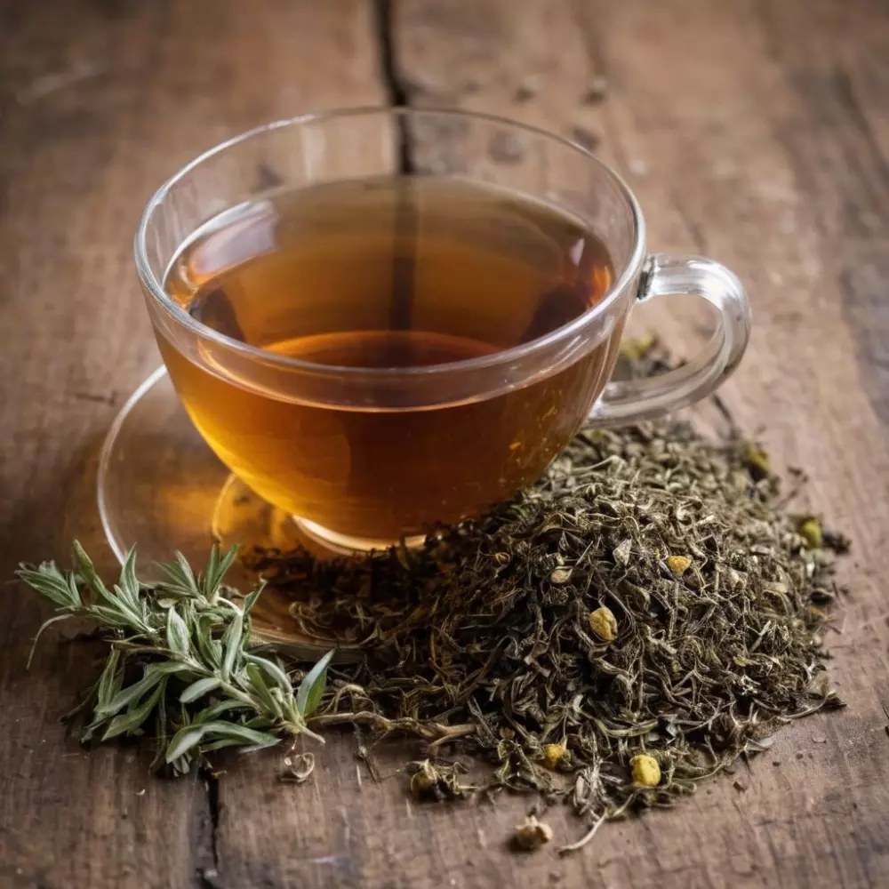 Raíces de bardana esparcidas alrededor de una rústica taza de té de hierbas, con un enfoque en los tonos terrosos y las texturas ásperas, fotografiadas con luz suave y natural para transmitir pureza y desintoxicación natural, estilo fotográfico.