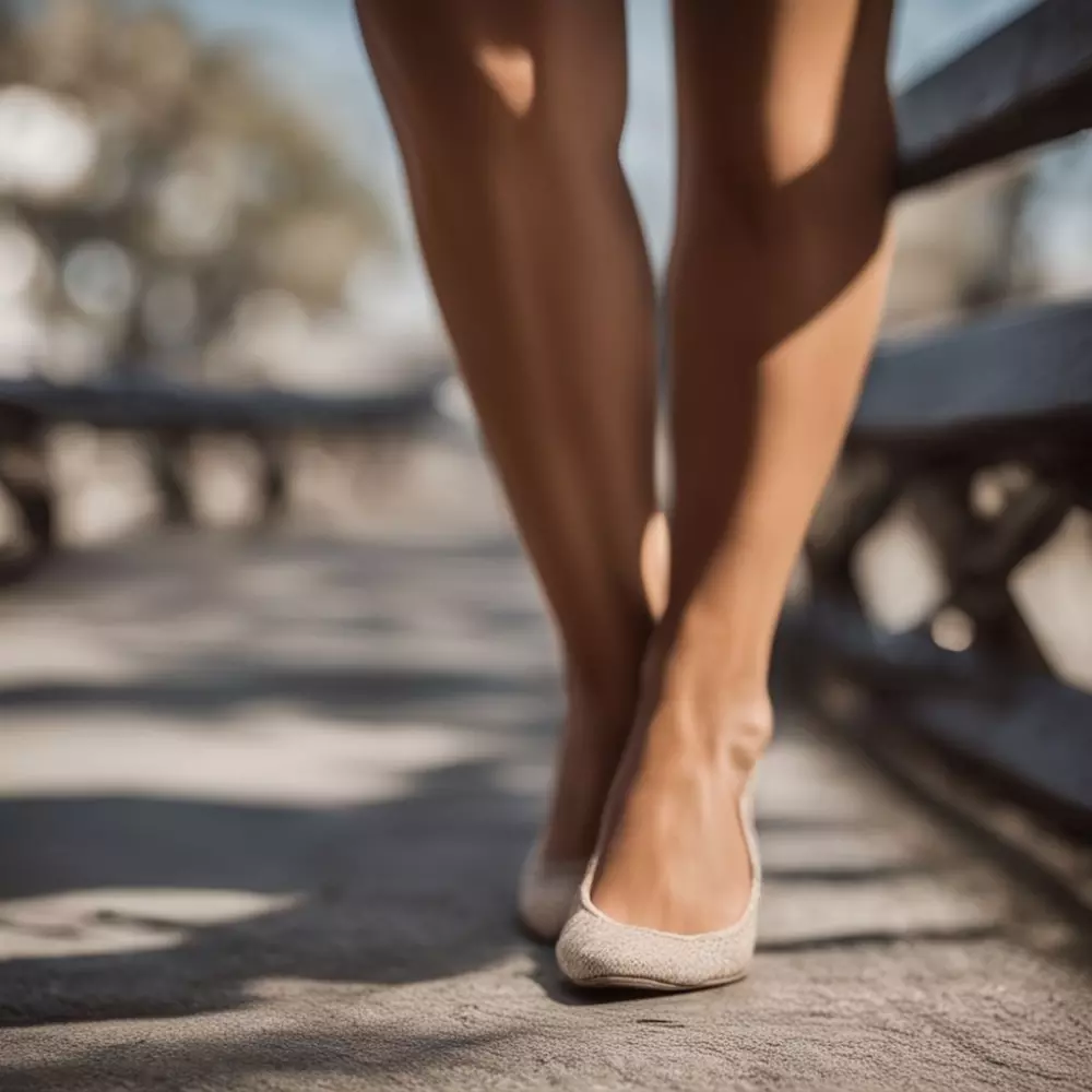 Close-up of a woman's legs showing signs of discomfort, with a focus on the skin texture, Photographic, Photography in natural light with a macro lens to capture the detail.