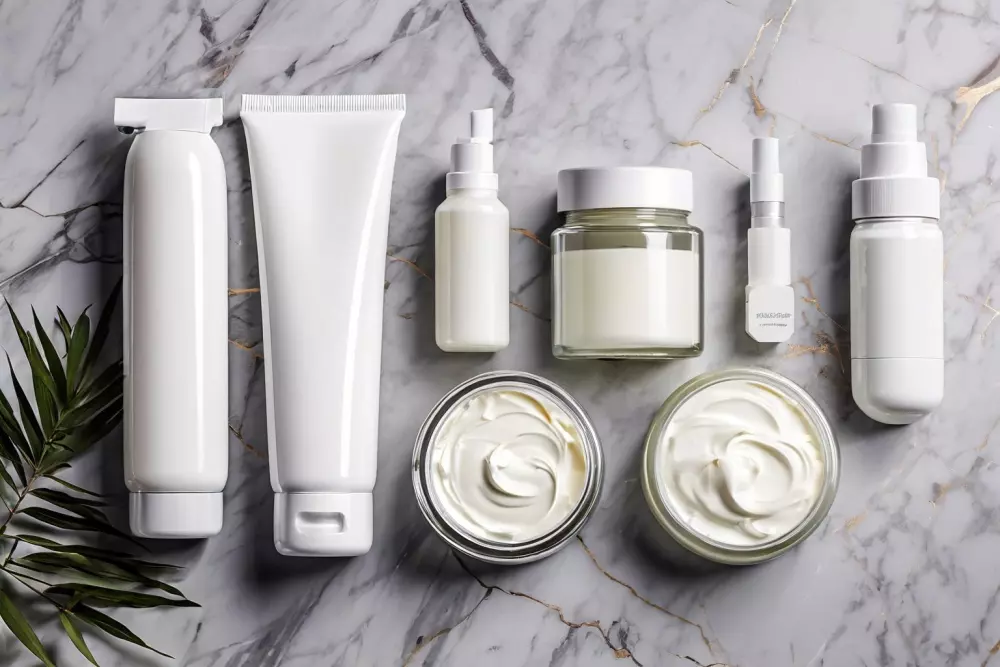Eine Auswahl von nicht-chirurgischen Fettreduktionsprodukten wie Cremes und Geräten, die auf einer Marmoroberfläche ausgelegt sind. Fotografisch festgehalten, mit einem sauberen und klinischen Eindruck, in hoher Auflösung, um die Texturen und Details der Produkte einzufangen.