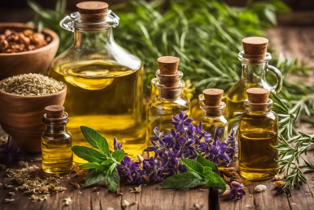 Natural oils and herbs on wooden surface, a collection of home remedy ingredients, kitchen background, a sense of home healthcare, Photographic, Detailed still life photography with warm ambient light.