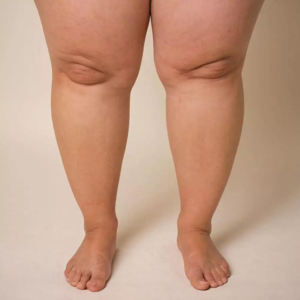 Eine Serie von Bildern, die die Fortschreitung des Lipödems in den Beinen von milden bis schweren Stadien zeigen, in einer klinischen Umgebung eingestellt, fotografisch festgehalten mit scharfem Fokus, um die Unterschiede in jedem Stadium hervorzuheben.