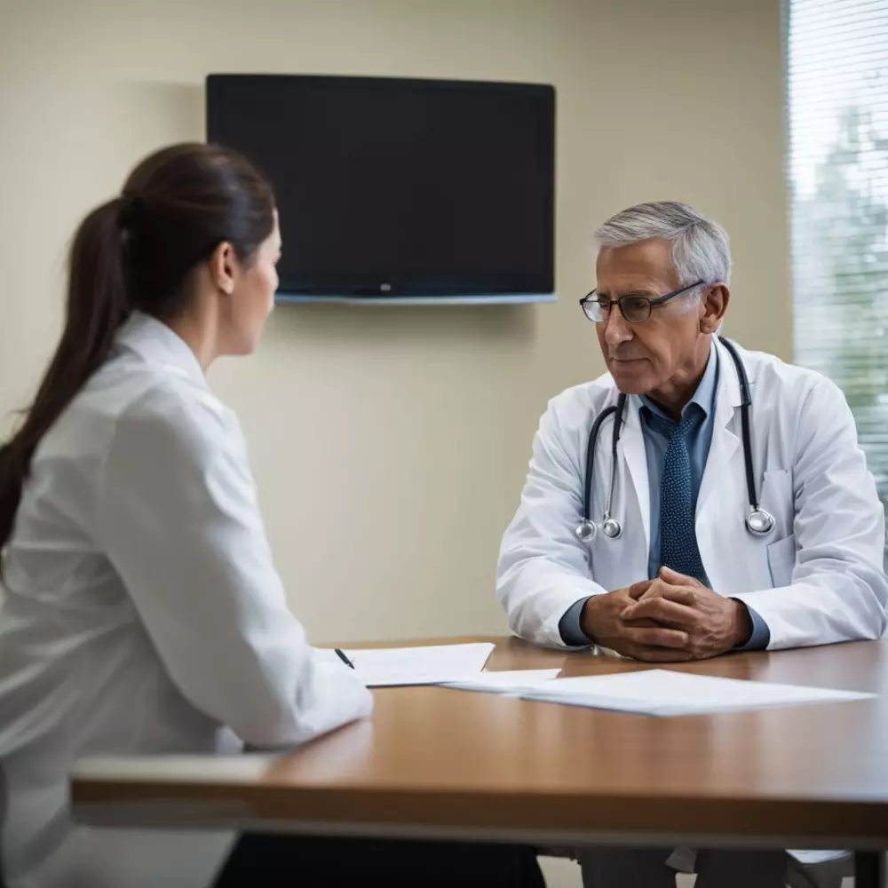 Patient consulting with a doctor in a medical office environment, focusing on the interaction without showing faces, Photographic, shot with a medium telephoto lens and natural light.