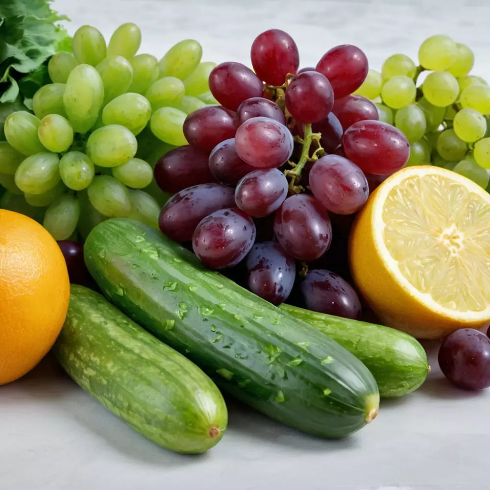 Frische Früchte und Gemüse wie Gurken, Sellerie und Trauben, elegant auf einem hellen Tisch arrangiert, deuten auf Lebensmittel hin, die dazu beitragen, Wassereinlagerungen zu reduzieren. Fotografie, Fotografie mit natürlichem Licht und einem mittleren Teleobjektiv, detailliert und in hoher Auflösung.