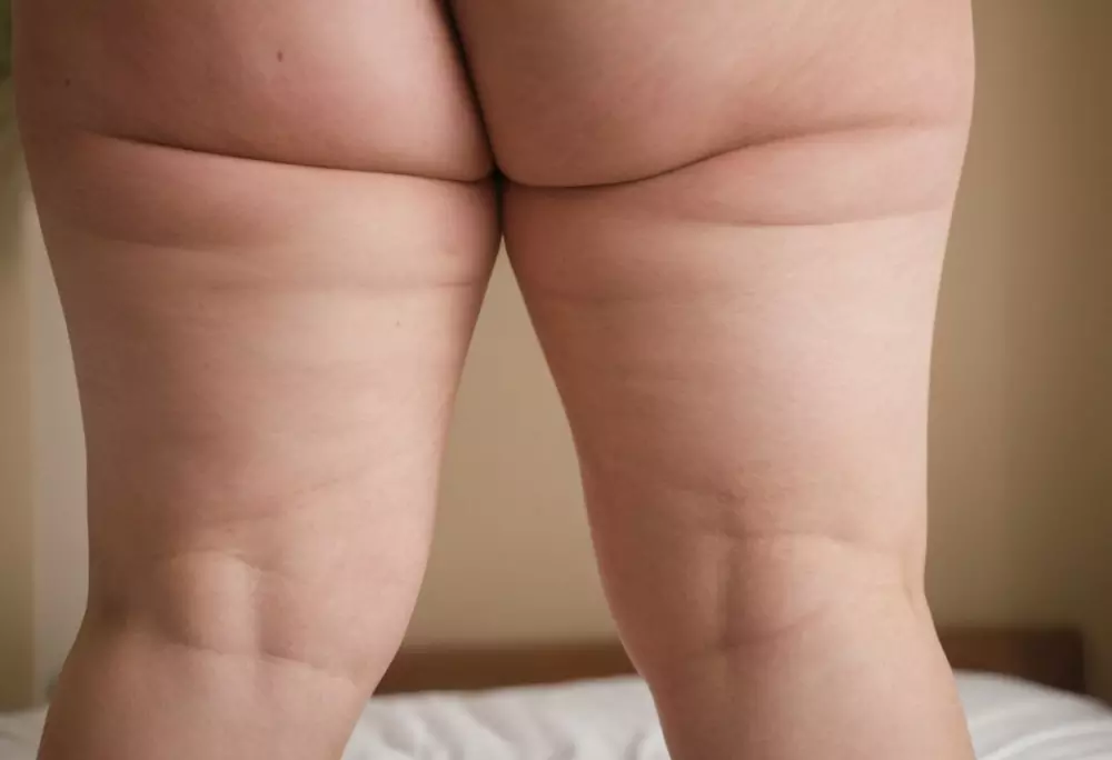 Nahaufnahme von weiblichen Beinen mit sichtbaren Anzeichen von Lipödem, Fokussierung auf Hauttextur und Schwellungen, Inneneinstellung, Fotografie, Aufnahmen mit Makroobjektiv und weichem natürlichem Licht, um Hautdetails hervorzuheben.