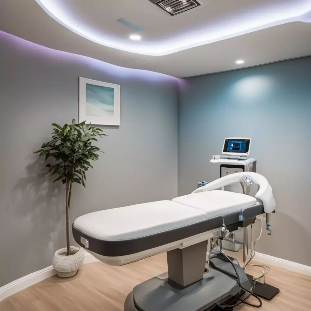 A calm and professional cryolipolysis treatment room, showing the machine and a treatment couch, captured photographically, with a welcoming and calm atmosphere.