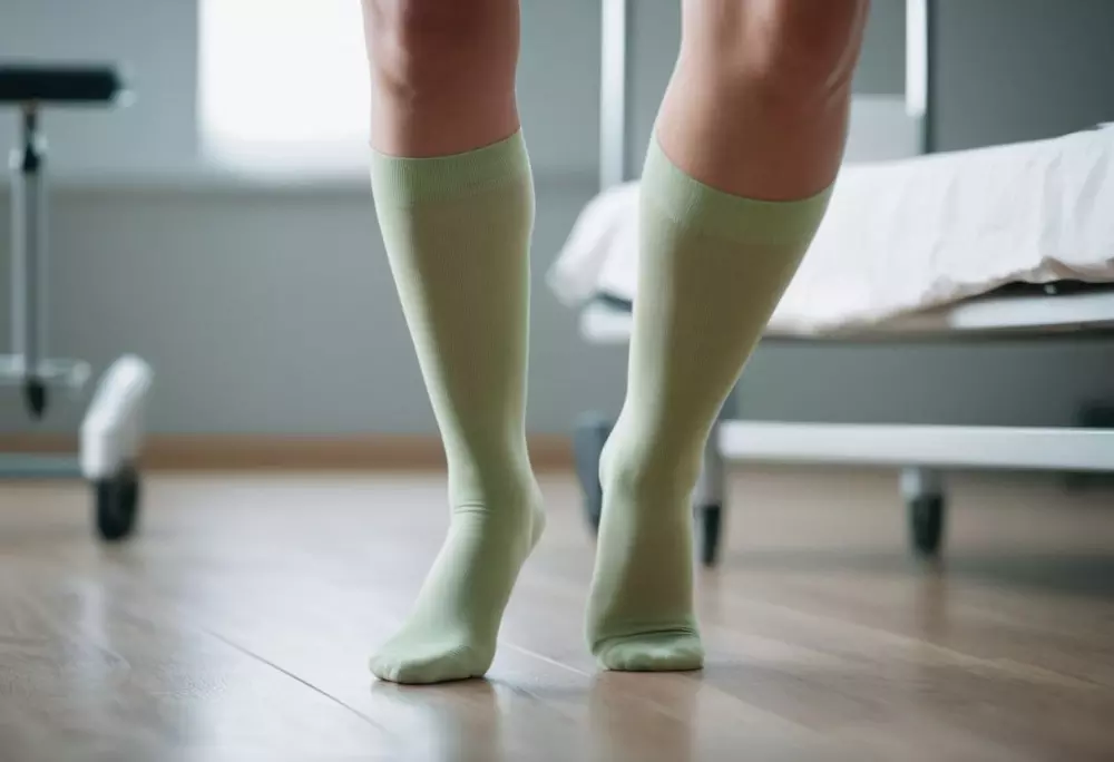 Nahaufnahme einer Person, die in einem klinischen Umfeld Kompressionsstrümpfe trägt, mit Fokus darauf, wie sie an den Beinen sitzen. Fotografie mit detailliertem Texturschwerpunkt und klinischem Hintergrund.
