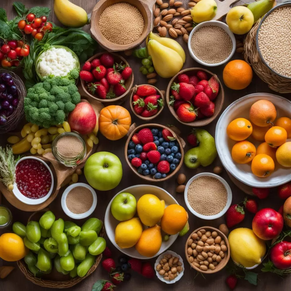 Eine Vielzahl gesunder Lebensmittel auf einem Tisch, mit Fokus auf Obst, Gemüse und Getreide, die für die Lipödem-Diät vorteilhaft sind, in einer hellen, gemütlichen Umgebung. Fotografische, detaillierte und lebendige Anordnung von Lebensmitteln im natürlichen Licht.