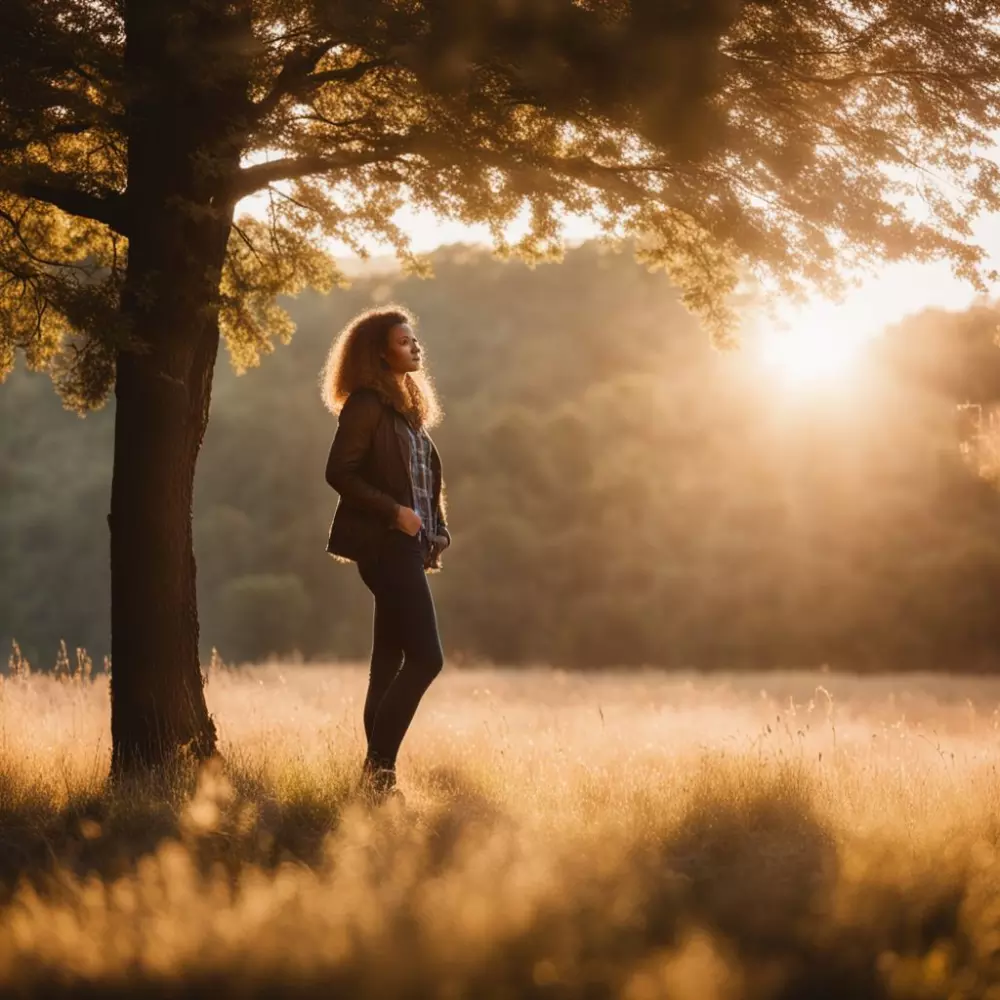 Eine warme, von Sonnenlicht durchflutete Szene einer Person, die selbstbewusst in einem offenen Raum steht, Ausstrahlung von Wohlbefinden und Selbstvertrauen, mit einem weichen Fokus im Hintergrund.