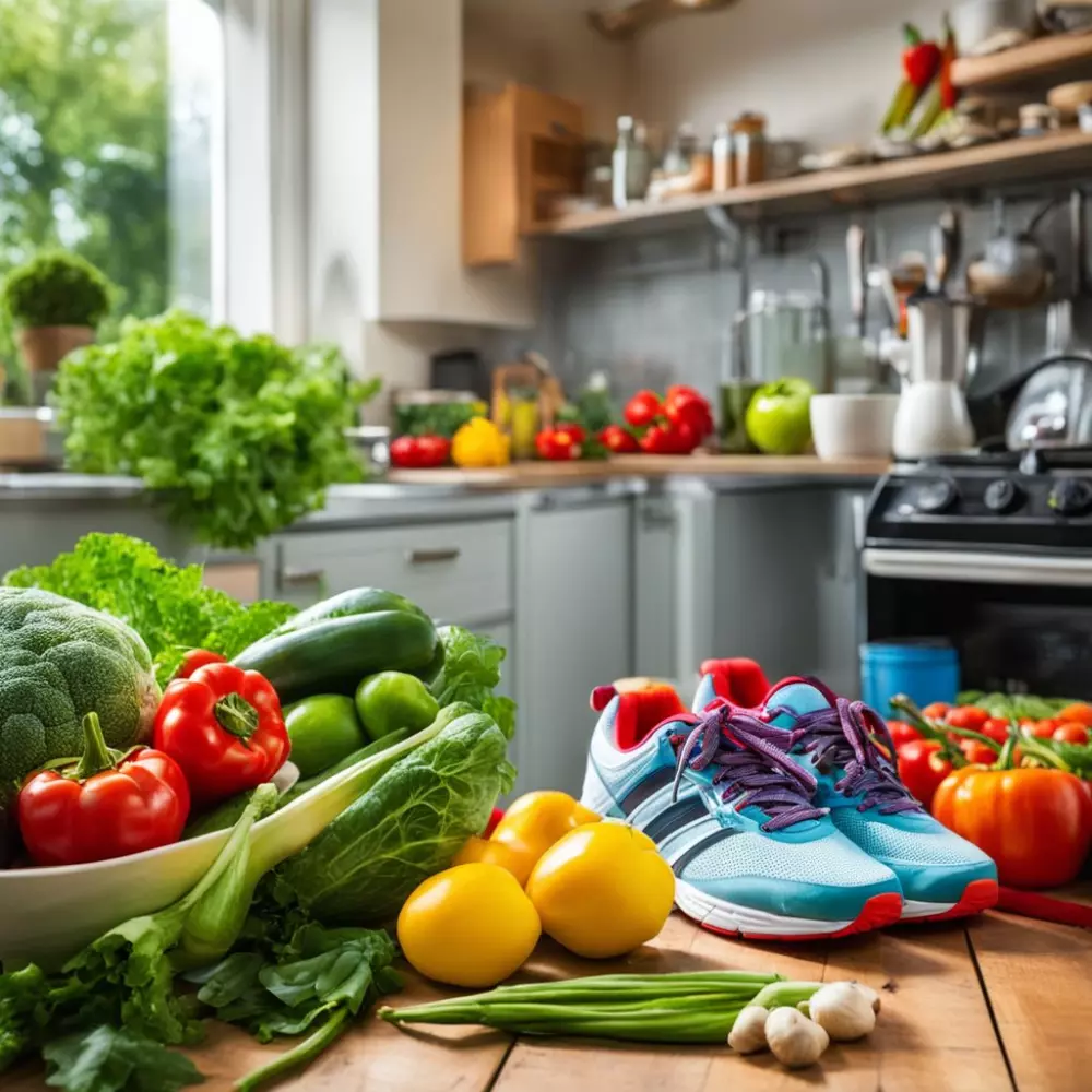 Fresh vegetables on a table and sneakers, a vibrant display of healthy food and sport shoes, kitchen to garden setting, embodying a healthy lifestyle, Photographic, Bright and colorful scene with natural lighting.