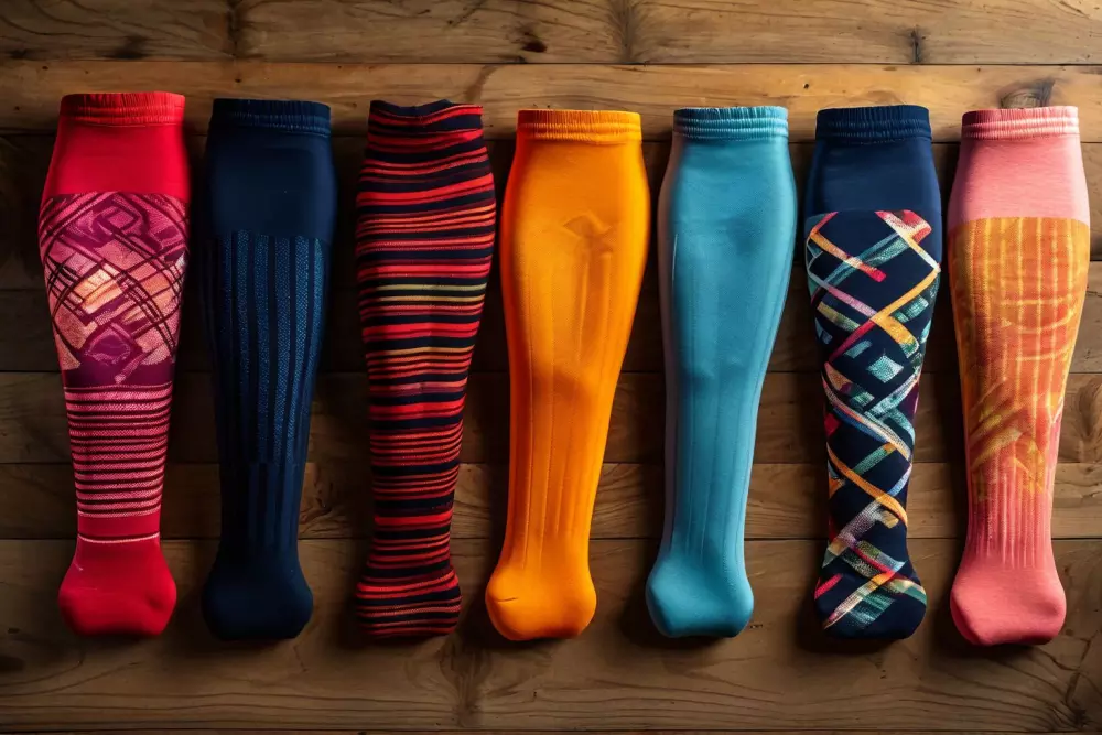 Sortiment von Kompressionsstrümpfen in verschiedenen Farben und Mustern, ordentlich auf einer hölzernen Oberfläche ausgelegt, unter weichem Studiolicht, das Vielfalt zeigt, im fotografischen Stil präsentiert, aufgenommen in einer hochwinkligen Aufnahme mit Fokus auf Textur und Farbunterschieden.