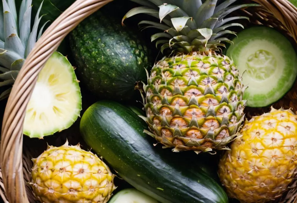 Nahaufnahme eines Korbs, gefüllt mit entzündungshemmenden Lebensmitteln wie Ananas, Gurke und Ingwer, im Freien, bei natürlichem Licht, im fotografischen Stil, aufgenommen mit scharfem Fokus.